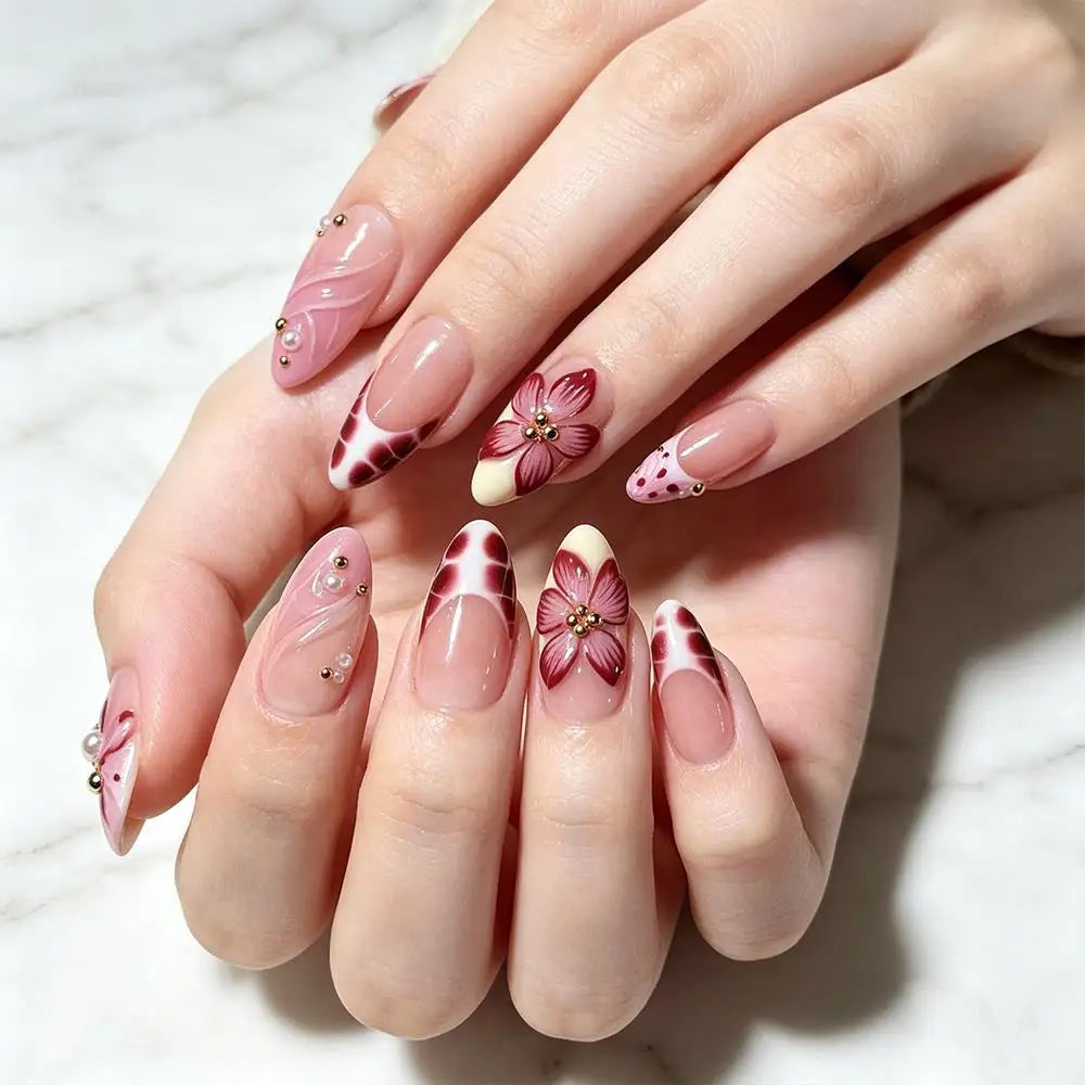 Blush Blossom – 10 Press-On Nails Nude Pink French Almond mit 3D Blumen & Goldperlen