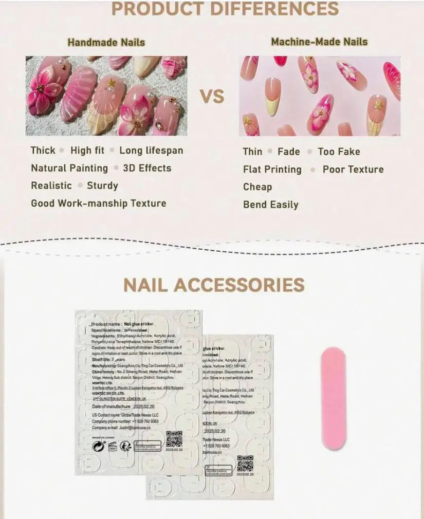 Blush Blossom – 10 Press-On Nails Nude Pink French Almond mit 3D Blumen & Goldperlen
