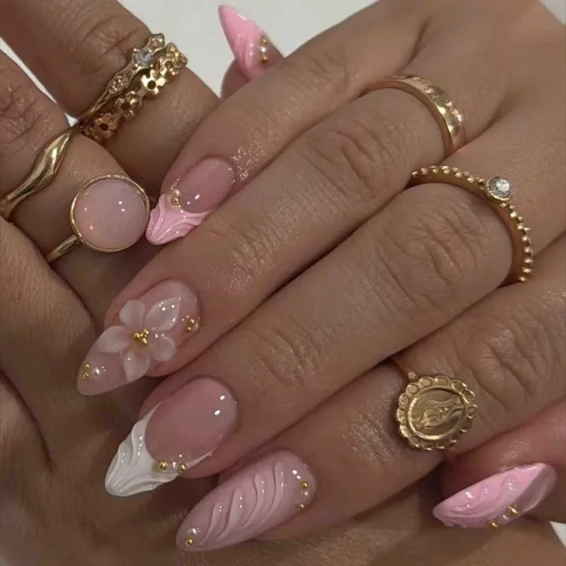 Pretty in Pink – 3D Floral Press-On Nails | Almond 🌸