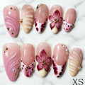 Blush Blossom – 10 Press-On Nails Nude Pink French Almond mit 3D Blumen & Goldperlen