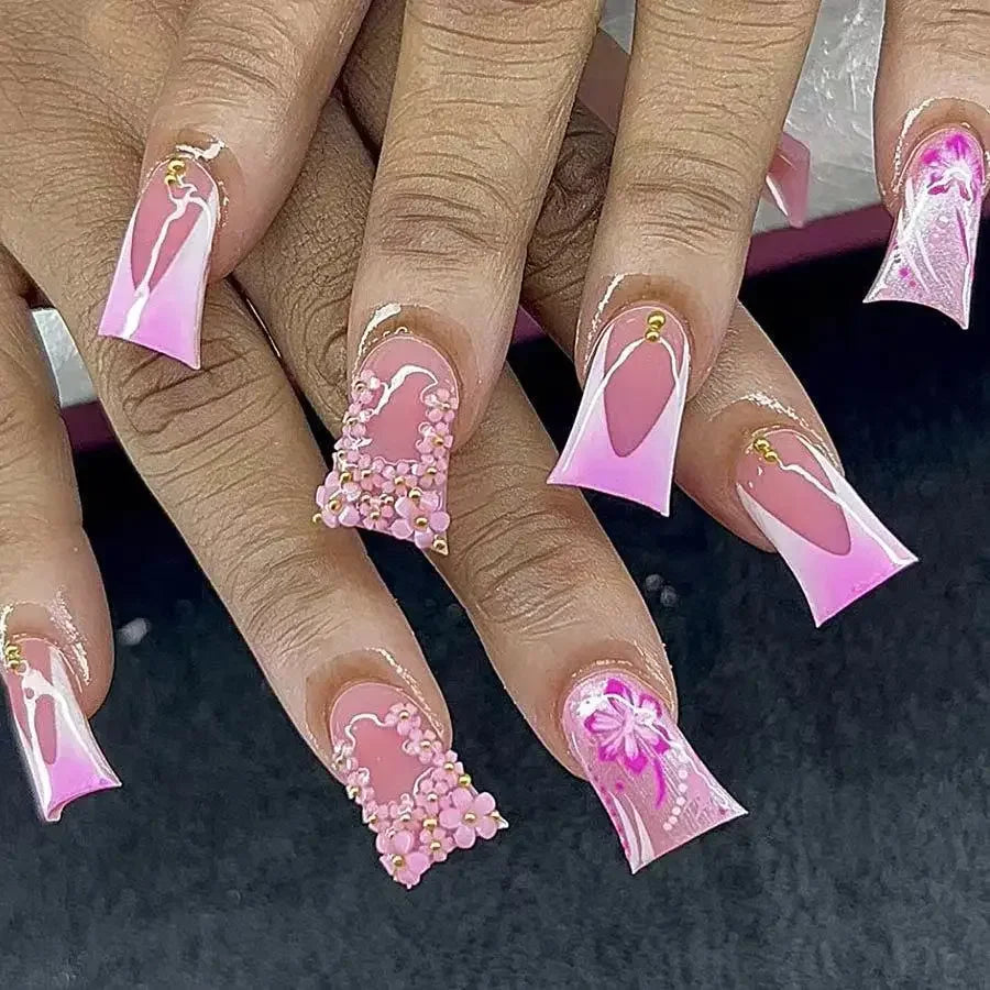 Pretty in Pink – 3D Floral Press-On Nails | Almond 🌸