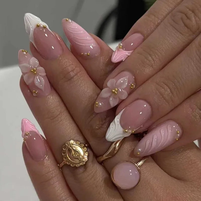 Pretty in Pink – 3D Floral Press-On Nails | Almond 🌸