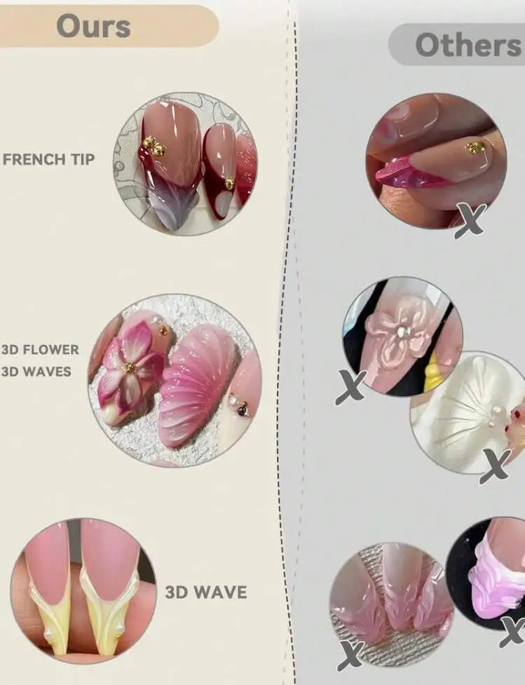 Blush Blossom – 10 Press-On Nails Nude Pink French Almond mit 3D Blumen & Goldperlen