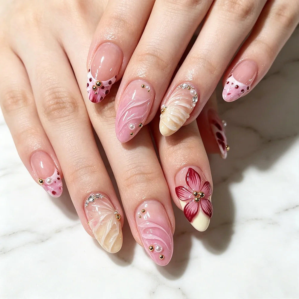 Blush Blossom – 10 Press-On Nails Nude Pink French Almond mit 3D Blumen & Goldperlen