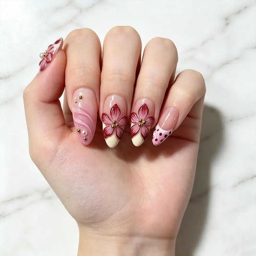 Blush Blossom – 10 Press-On Nails Nude Pink French Almond mit 3D Blumen & Goldperlen
